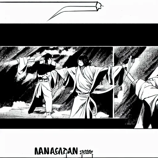 Prompt: manga panel of jedi fighting