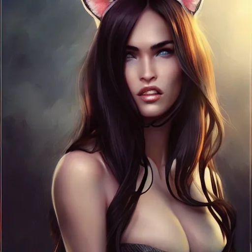 Image similar to alchemyst girl Megan Fox with cat ears, by WLOP, by Artgerm, by Michael Garmash, by Rob Rey, digital art, trending on artstation, beautiful lightning, atmospheric
