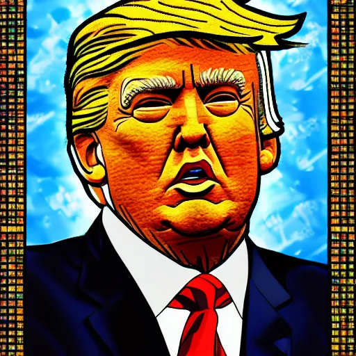 Prompt: portrait mosaic of trump with robot eyes, 4k, intricate details, digital, between heaven and hell