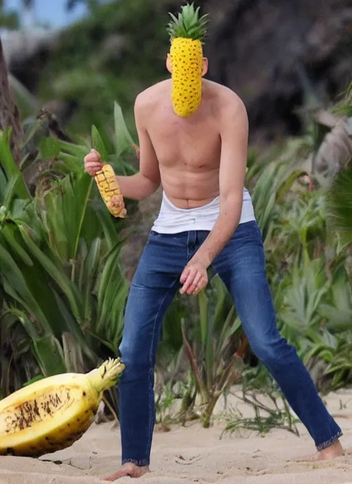 Image similar to jeff goldblum playing maraca pineapple as a banana on the beach