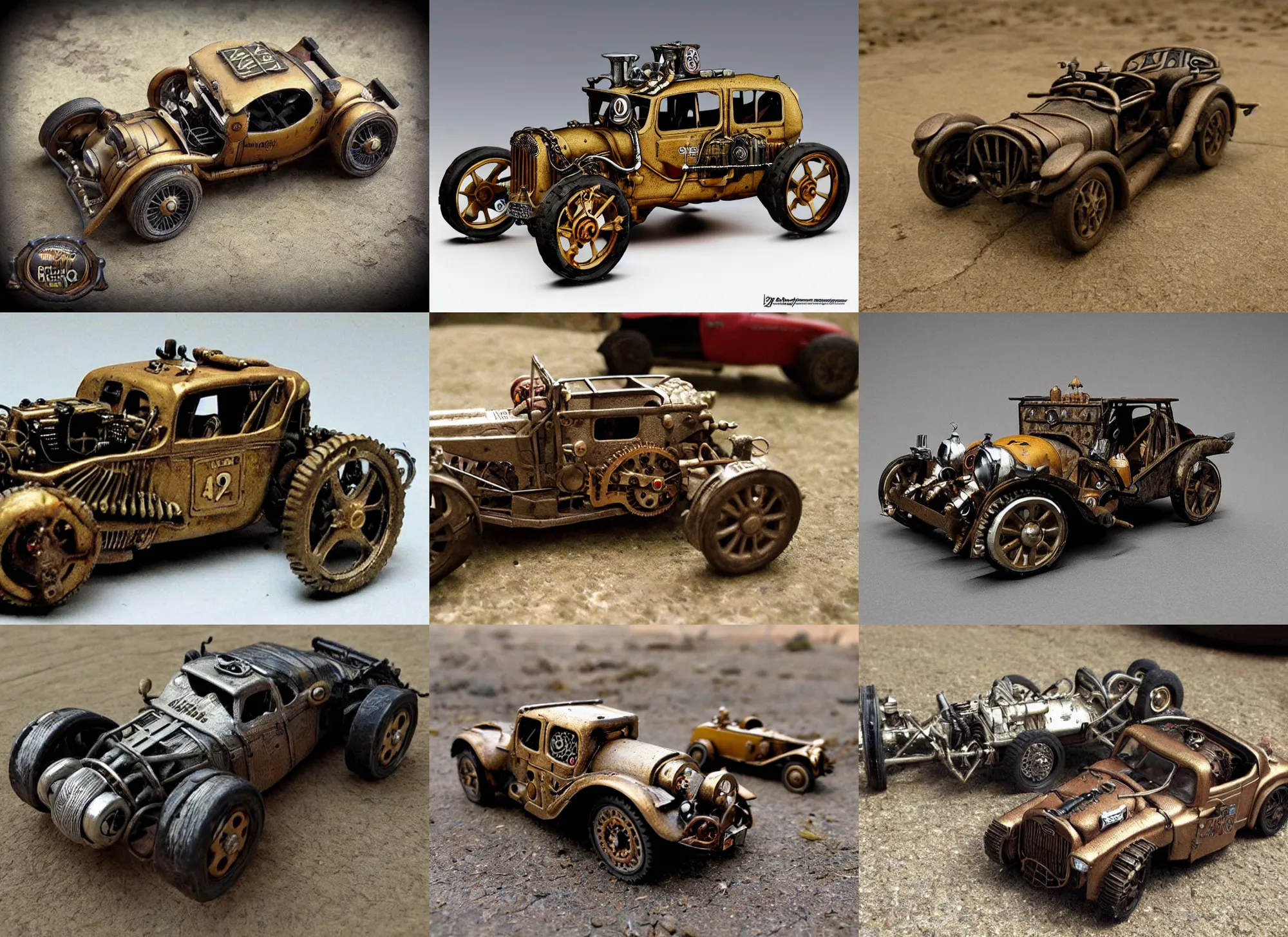 Prompt: realistic miniature steampunk rally car