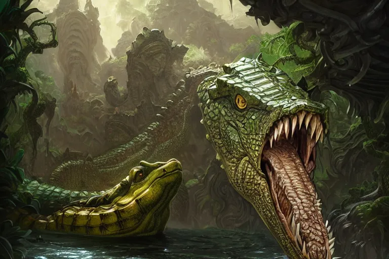 Prompt: crocodile god lair, waterfalls, menacing crocodile statues, deep focus, d & d, fantasy, intricate, elegant, highly detailed, digital painting, artstation, concept art, matte, sharp focus, illustration, hearthstone, art by artgerm and greg rutkowski and alphonse mucha