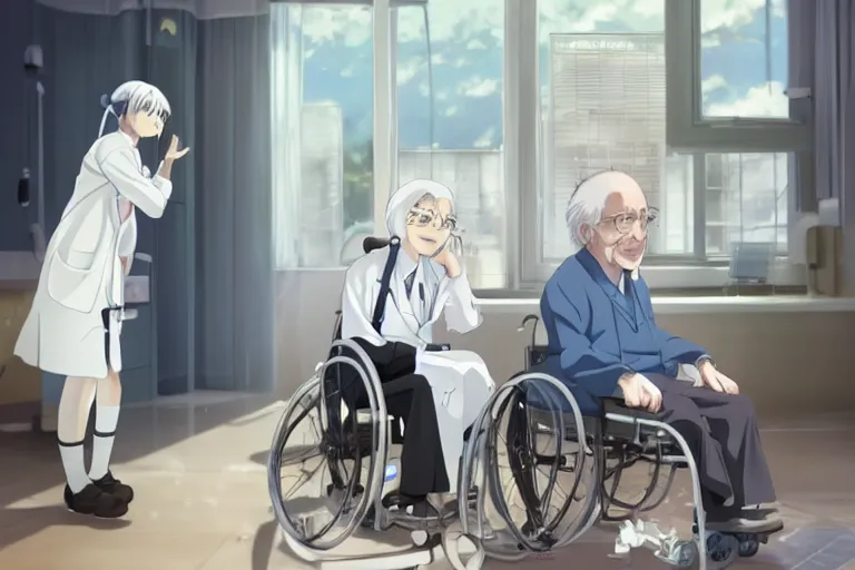 Image similar to a cute young female doctor wearing white coat, an old man of 80 years in a wheelchair, hospital ward, slice of life anime, cinematic, realistic, anime scenery by Makoto shinkai