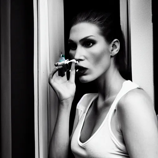 Image similar to Live Action Still of Jerma985 in a film of a beautiful model woman smoking a cigarette by the window, black and white, hyperrealistic, ultra realistic, realistic, highly detailed, epic, HD quality, 8k resolution, body and headshot, film still