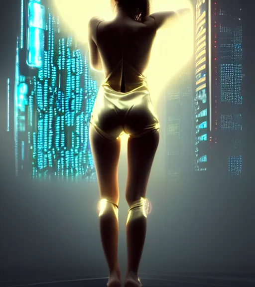 Image similar to beauty woman wrapped in white and gold, Terminator artifacts, electronic case display, cyberpunk tech, ultrarealistic, futuristic, back lit, dramatic lighting, electrical details, high details, 4k, 8k, best, accurate, trending on artstation, artstation, photorealism, ultrarealistic, digital painting, style of Peter Mohrbacher, Caravaggio, Caravaggio, Boris Vallejo, Hajime Sorayama