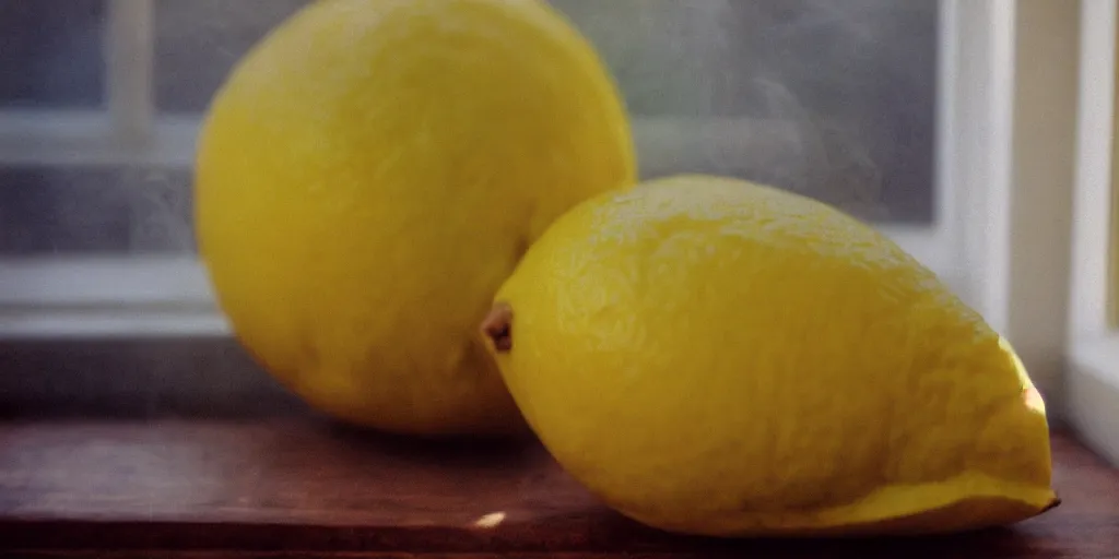 Prompt: 1980s magazine photo of a sliced lemon, next to a window with dappled natural light, smoky