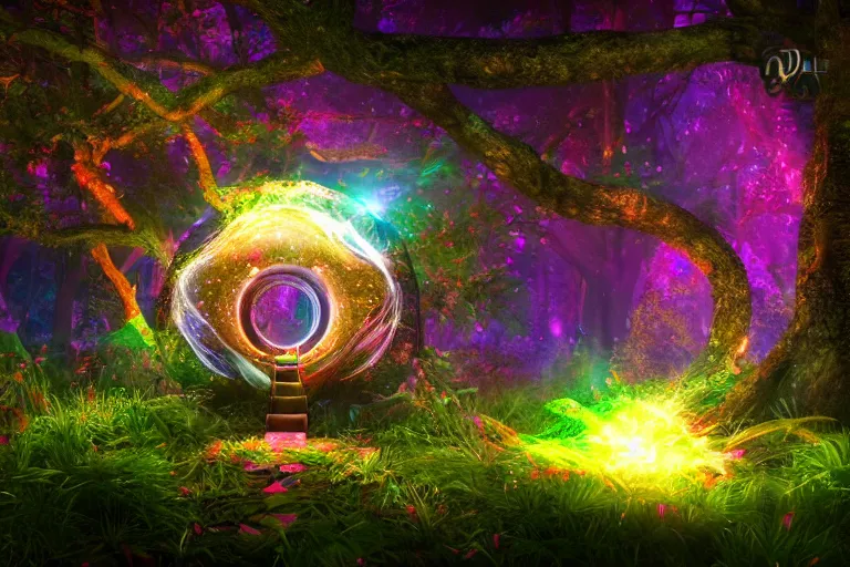 Prompt: a cosmic portal in an enchanted fantasy forest. colorful. cinematic lighting. photorealism.