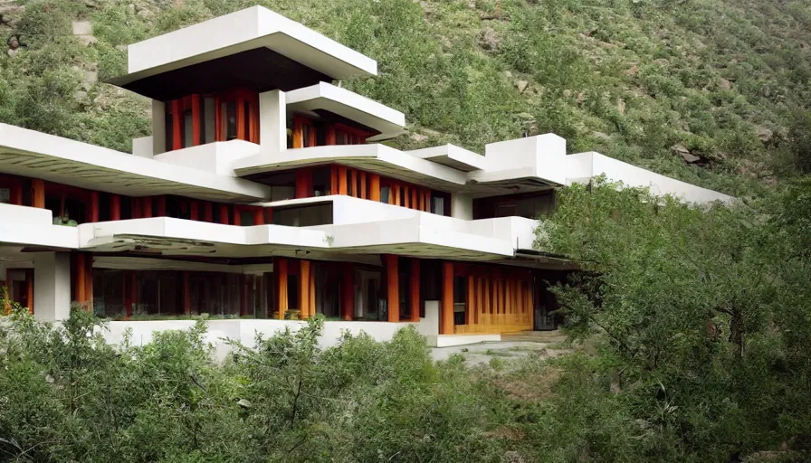 Image similar to modern villa, tibetan inspired architecture, on a green hill between trees, frank lloyd wright, photorealistic, cyberpunk