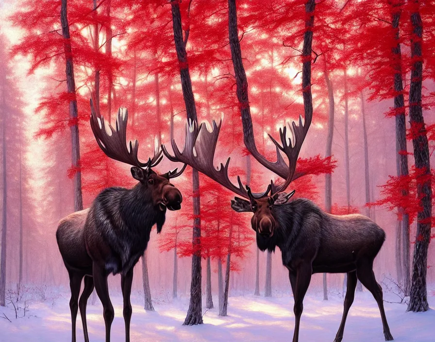Prompt: a beautiful and very detailed painting of great ethereal moose in the bright red maple forest with a silver antlers, dynamic lighting, trending on artstation, path traced, highly detailed, high quality, digital art, hyper realistic, octane render, sharp focus, art by artgerm and greg rutkowski and alphonse mucha, 8 k