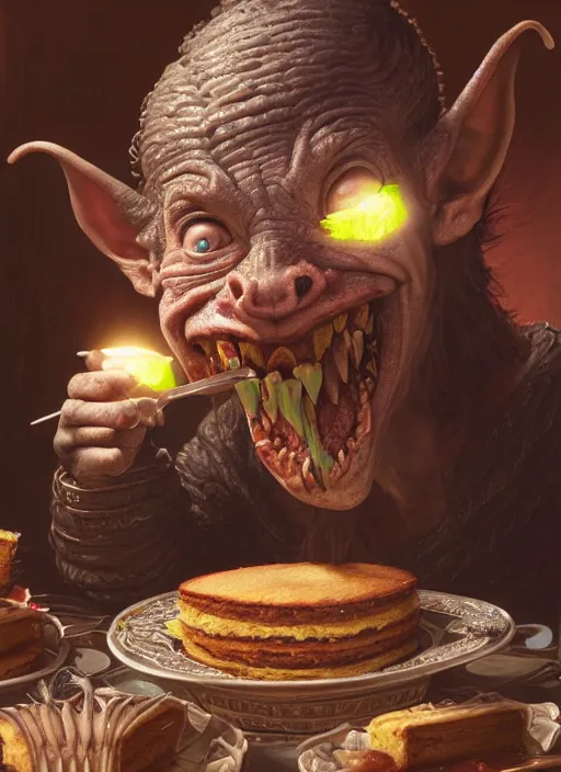 Image similar to highly detailed closeup portrait of a medieval goblin eating cakes, stephen bliss, unreal engine, greg rutkowski, ilya kuvshinov, ross draws, hyung tae and frank frazetta, tom bagshaw, tom whalen, nicoletta ceccoli, mark ryden, earl norem, global illumination, god rays, detailed and intricate environment