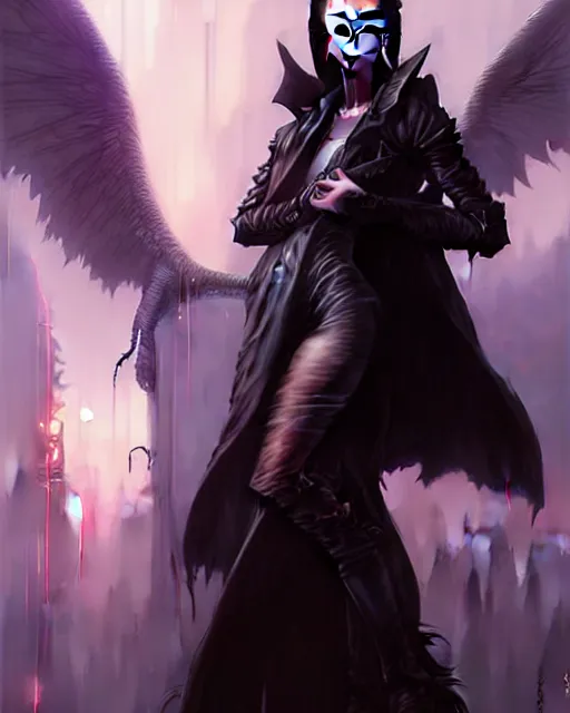 Image similar to beautiful fantasy character portrait, lilly collins, wearing oversized black trench coat, ultra realistic, wide angle, dramatic lighting, vultures, very seductive pose, cyberpunk artifacts, highly detailed by peter mohrbacher, hajime sorayama, wayne barlowe, boris vallejo, aaron horkey, gaston bussiere, craig mullins
