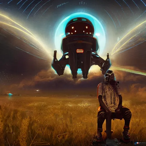 Image similar to a cyberpunk mursi elder sitting in a field watching a meteor shower with his hoverbike in the foreground by greg rutkowski and android jones in a cyberpunk style, oil on canvas, 8k, afrofuturism