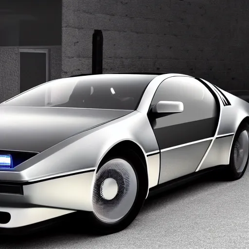 Image similar to a tesla delorean, highly detailed photo, concept car, highly detailed, intricate design, 8 k render