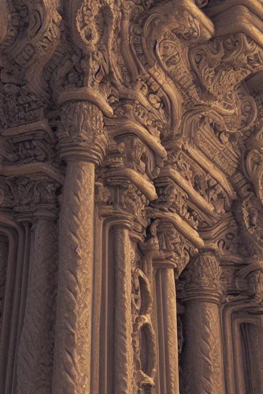 Prompt: Baroque columns in the middle of a desert with intricate carvings, highly detailed octane render, artstation