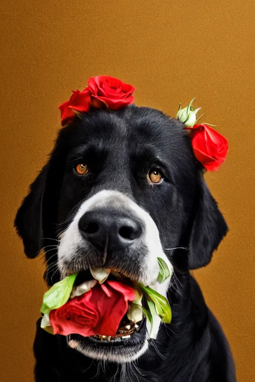 Image similar to black dog holding rose in his mouth with green eyes, gold earring on ear, studio lighting, 4 k, realistic, chromatic abberation, global illumination