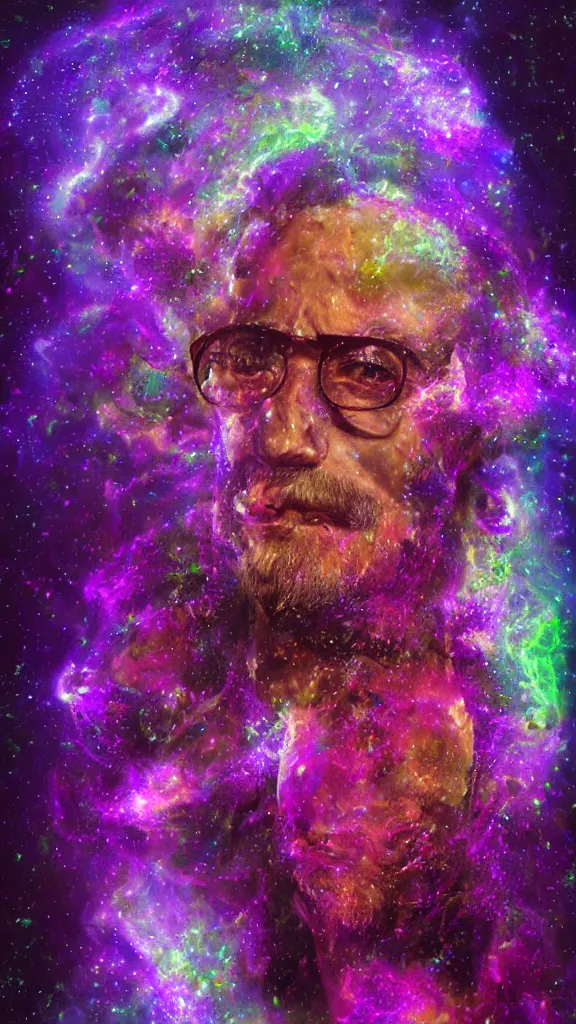 Prompt: terrance mckenna protrait in a nebula with fractals and mushrooms, vivid psychadelic colorful purple, 8 k, high deatil, artstationhd, smoke mirrors