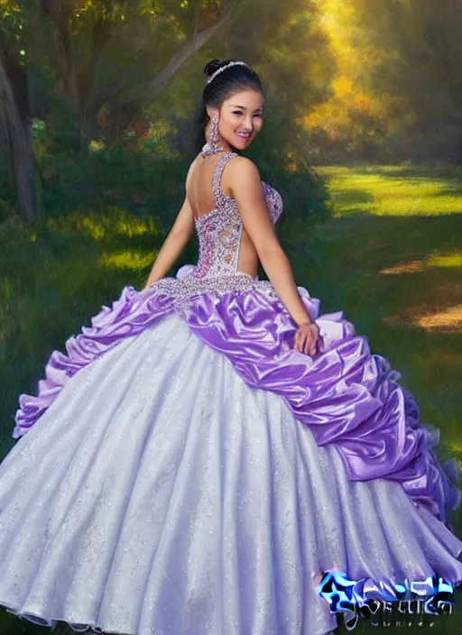 Image similar to photo of a gorgeous young woman at a quinceanera dress in the style of stefan kostic, realistic, sharp focus, 8 k high definition, insanely detailed, intricate, elegant, art by stanley lau and artgerm