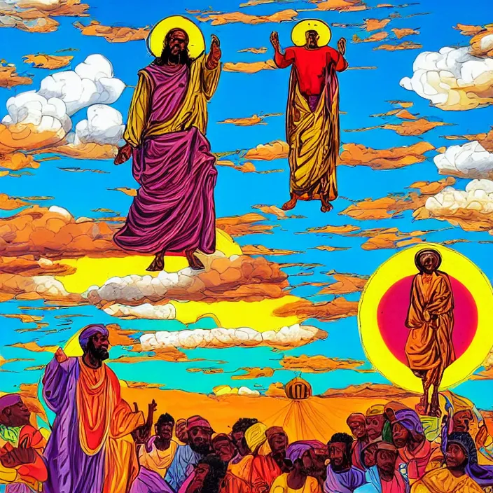 Prompt: UFO hovering over an African Jesus , clouds, colorful, in the style of Nigerian truck art (Eagle & Snake, Kano),