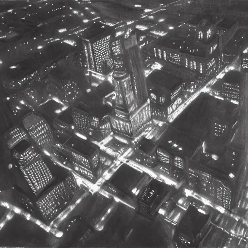 Prompt: photorealistc painting of a nightmarish boston downtown skyline in 1 9 2 5 at night, aerial view, dark, brooding, night, atmospheric, horror, cosmic, ultra - realistic, smooth, highly detailed