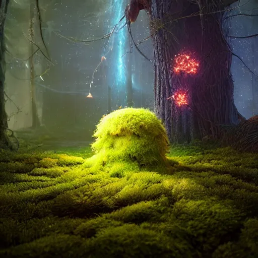 Prompt: a beautiful macro photography of moss with alien fungus and fireflies, hyper detailed, warm volumetric lights, made by gerald brom and mike winkelmann, photorealism.