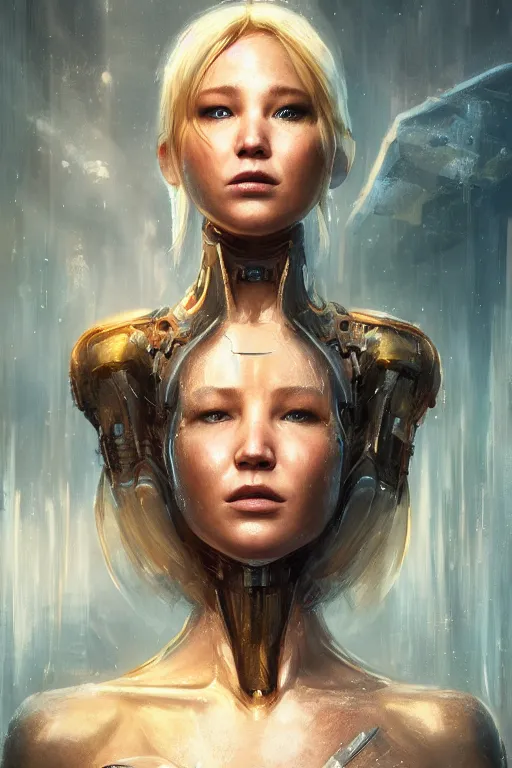 Image similar to a fancy portrait of a Jenifer Lawrence cyborg by Greg Rutkowski, Sung Choi, Mitchell Mohrhauser, Maciej Kuciara, Johnson Ting, Maxim Verehin, Peter Konig, final fantasy , mythical, 8k photorealistic, cinematic lighting, HD, high details, atmospheric,