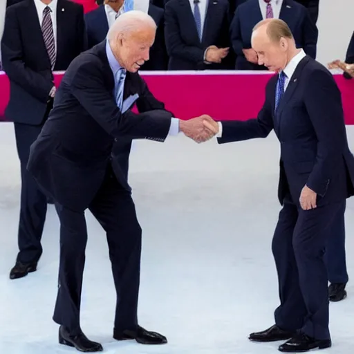 Image similar to biden and putin are in big pain while handshacking each other