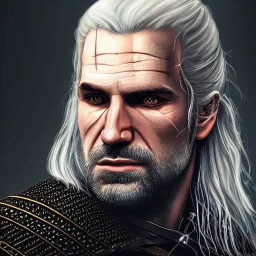 Image similar to portrait of witcher, highly detailed, digital painting, 8 k render, centered