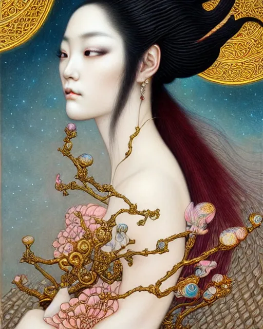 Prompt: portrait of a beautiful celestial goddess, unusual beauty, esoteric, muted colors, head in focus, fantasy art, ornamental aesthetics intricate, elegant, highly detailed, hyperrealistic painting, artstation, concept art, painterly, sharp focus, illustration, art by chie yoshii