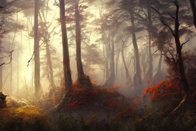 Image similar to sunset lighting ominous shadows, cinematic fantasy painting, dungeons and dragons, an ashigaru mouse looks over an autumn forest clearing of wildflowers glade jessica rossier and brian froud