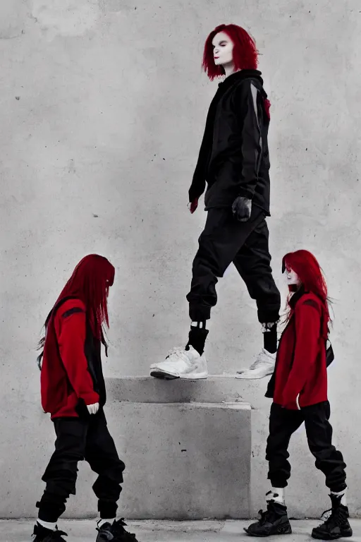 Image similar to beautiful red haired woman in techwear, warcore look and clothes, ACG, ACRNYM, Rick Owens, trending on r/streetwear, outfit photo, we see them from head to toe