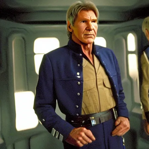 Prompt: A still of Harrison Ford as Commander Adama in Battlestar Galactica (2003), wearing a dark blue colonial uniform