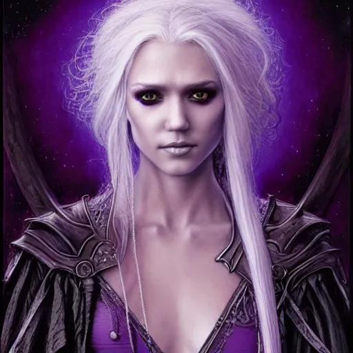 Image similar to head and shoulders portrait of a purple - skinned, white - haired drow wizard portrayed by young jessica alba, d & d, fantasy, luis royo, magali villeneuve, donato giancola, wlop, krenz cushart