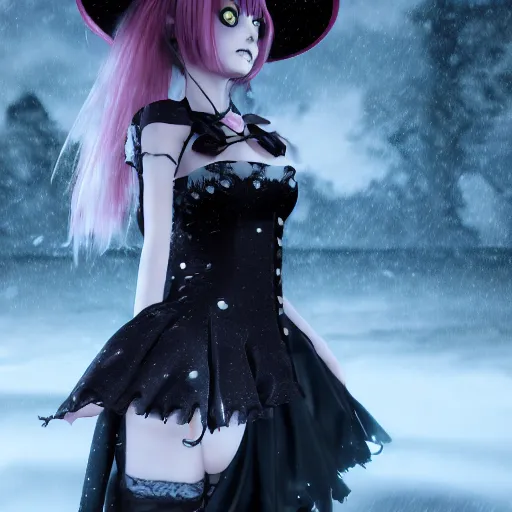 Image similar to full shot portrait of angry darkness Clara Morgane as a cute anime girl at moonlight, snowing, gothic wearing, inspired by Tim Burton, Amano, detailed, unreal engine 4k volumetric light, fog,