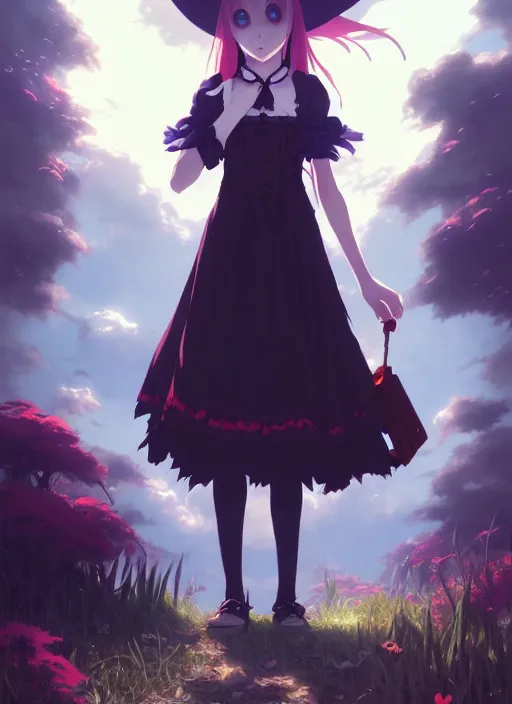 Image similar to portrait of gothic alice from wonderland, cloudy sky background lush landscape illustration concept art anime key visual trending pixiv fanbox by wlop and greg rutkowski and makoto shinkai and studio ghibli