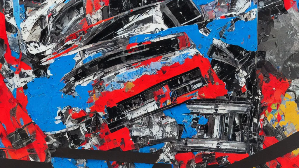 Image similar to lowrider crash test, collage paper and tape, black, blue, acid and red oil, acrylic on canvas, expressionism, high resolution, cinematic, unreal 6 breathtaking detailed, by blake neubert