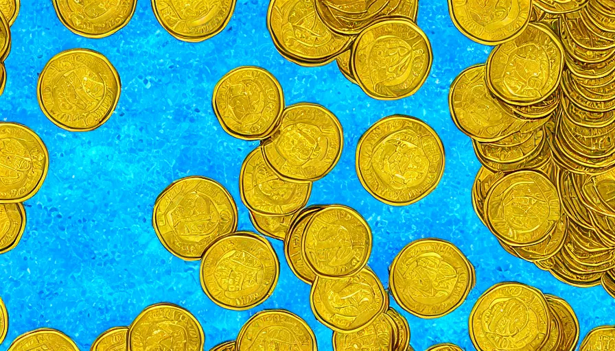 Prompt: a swimming pool full of gold coins, digital art, highly detailed, realistic, bright colors, 8 k