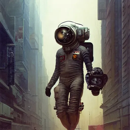 Image similar to a concept art portrait of masked diesel punk astronaut on the art deco streets of the big city, artstation, award - winning realistic sci - fi concept art by jim burns and greg rutkowski, beksinski, a realism masterpiece, muted color palette, james gilleard, bruegel, alphonse mucha, and yoshitaka amano