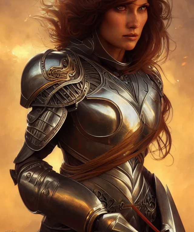 Image similar to Muscular and powerful medieval knight woman portrait, sci-fi, amber eyes, face, long hair, fantasy, intricate, elegant, highly detailed, digital painting, artstation, concept art, smooth, sharp focus, illustration, art by artgerm and greg rutkowski and alphonse mucha