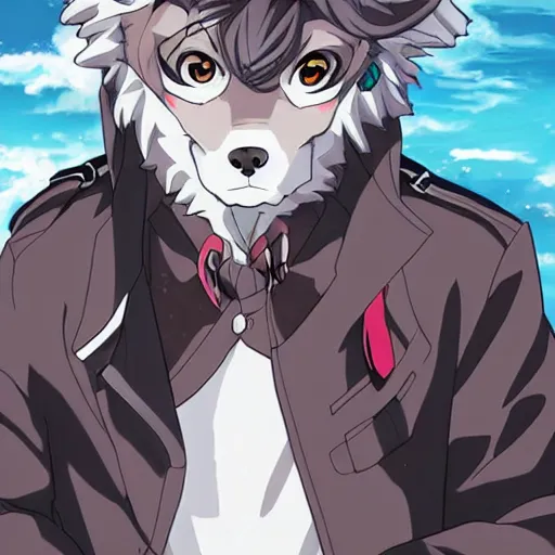 Prompt: key anime visual portrait of an anthropomorphic anthro wolf fursona, in a jacket, with handsome eyes, official anime art