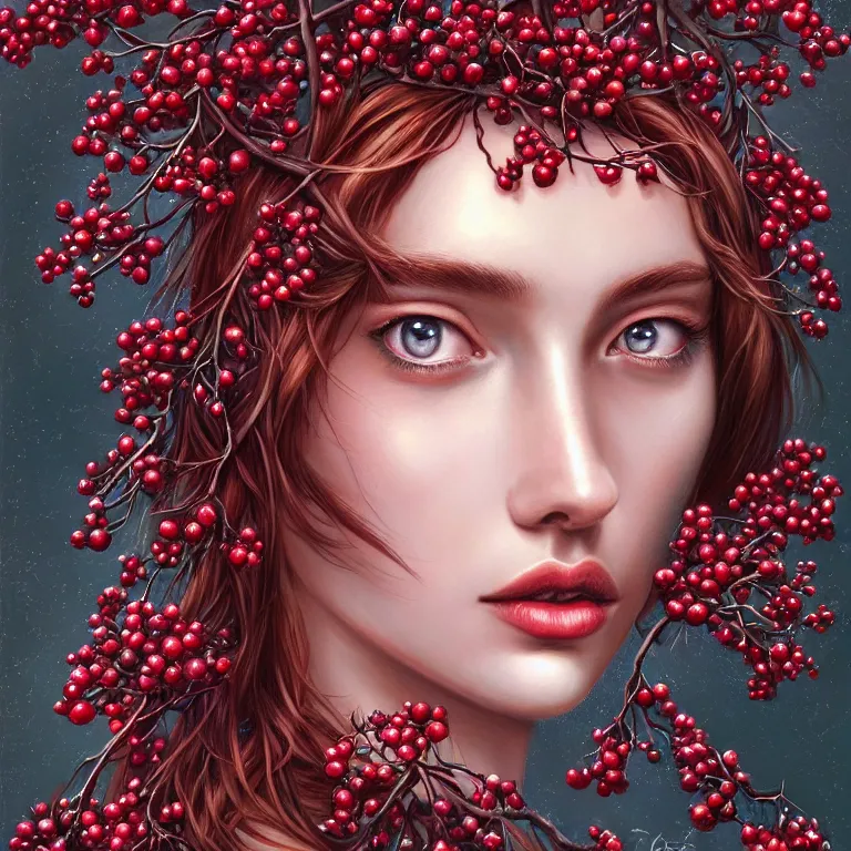 Prompt: digital painting crimson goddess, lots of branches, leaves and white berries of blackberries, wonderful eyes, symmetrical, fantasy, highly detailed, realistic, complex, fantasy, over - detailed, elegant, complex, dynamic lighting, hyperrealism, digital art, digital painting, artstation, wlop, clear focus, illustrations by filipe pagliuso and justin gerard