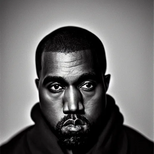 Image similar to a chiaroscuro lighting portrait of kanye west dressed as rick owens, black background, portrait by julia margaret cameron, shallow depth of field, 8 0 mm, f 1. 8