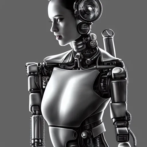 Image similar to Forward-facing Perfectly-Centered Half-body-Portrait of a Mechanical Cyberpunk Female Android standing straight, intricate, elegant, super highly detailed, professional digital painting, artstation, concept art, smooth, sharp focus, no blur, no dof, extreme illustration, Unreal Engine 5, Photorealism, HD quality, 8k resolution, cinema 4d, 3D, beautiful, cinematic, art by artgerm and greg rutkowski and alphonse mucha and loish and WLOP