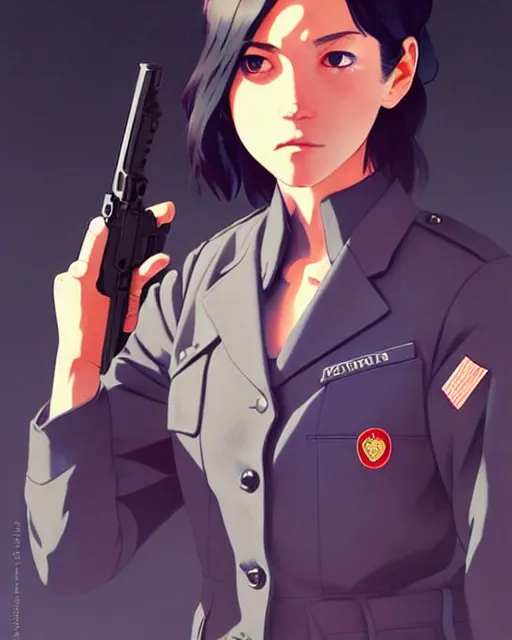 Image similar to girl wearing uniform, holding pistol at side, windy, cool pose | | audrey plaza, fine detail!! anime!! realistic shaded lighting!! poster by ilya kuvshinov katsuhiro otomo ghost - in - the - shell, magali villeneuve, artgerm, jeremy lipkin and michael garmash and rob rey