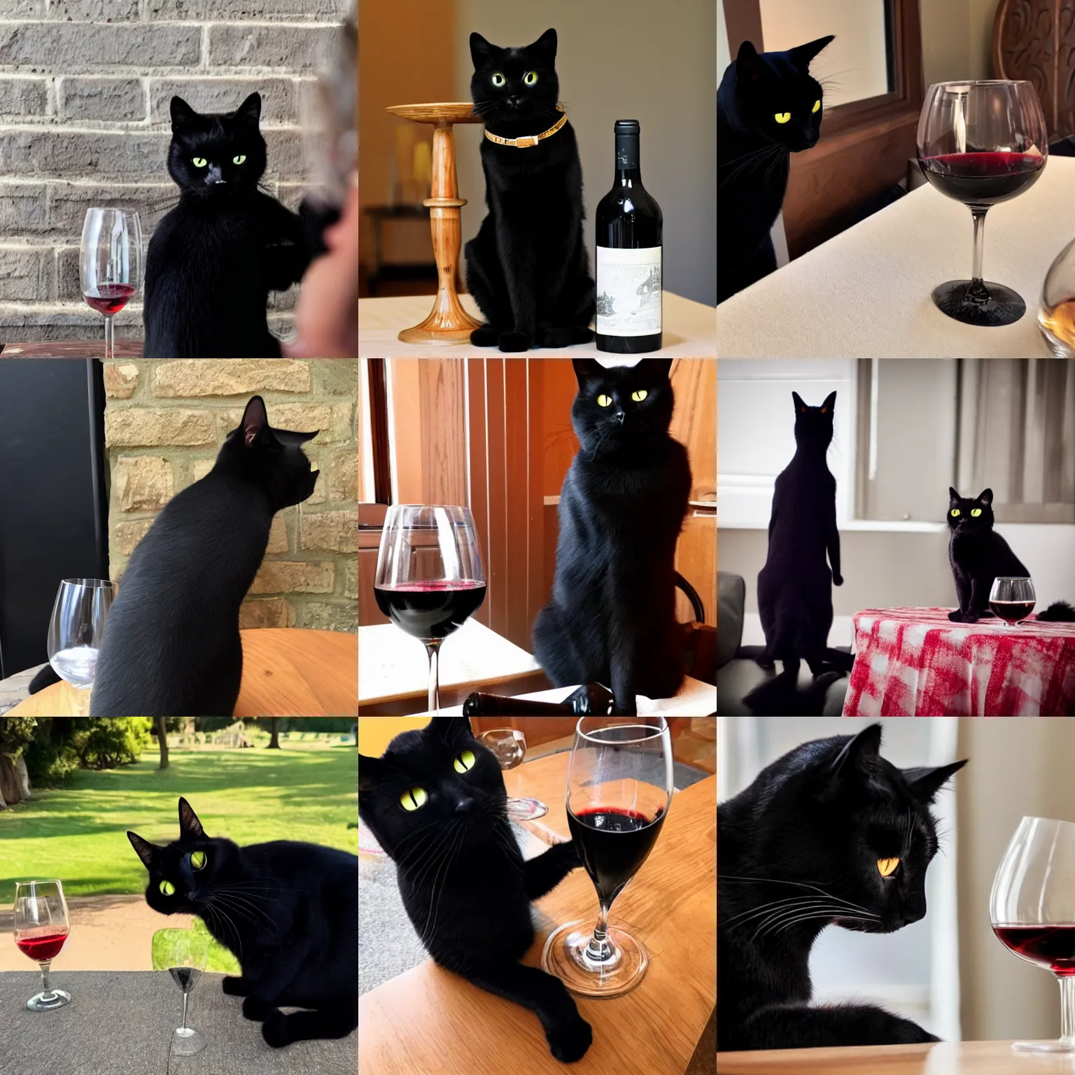 Prompt: a photo of a real solid black cat drinking wine