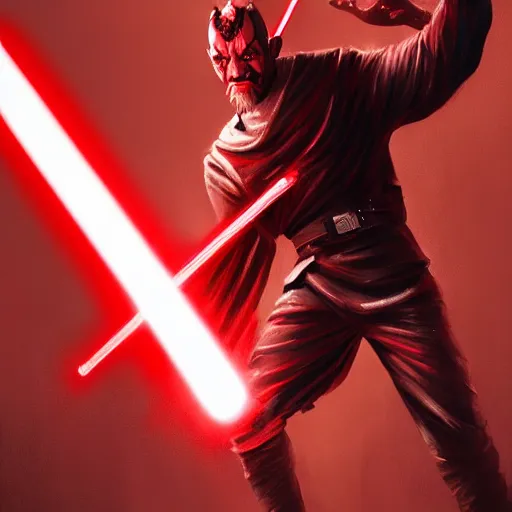 Image similar to darth maul wielding lightsaber, smirking, red, intricate, detailed, volumetric lighting, scenery, digital painting, highly detailed, artstation, sharp focus, illustration, concept art, ruan jia, steve mccurry