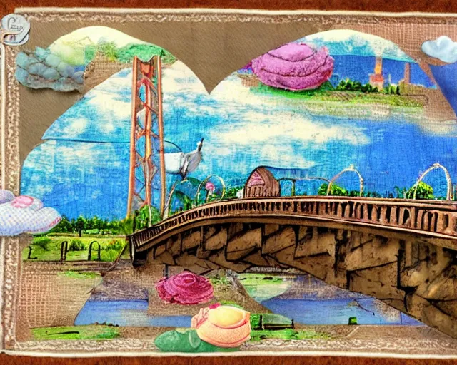 Image similar to detailed bridge with unexpected fabric elements. 8 x 1 6 k hd mixed media 3 d collage in the style of a childbook illustration in soft natural tones. matte background no frame hd