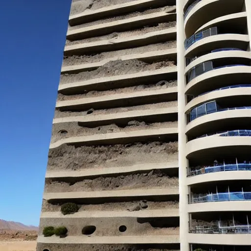 Prompt: biophilia brutalism skyscraper hotel in the desert