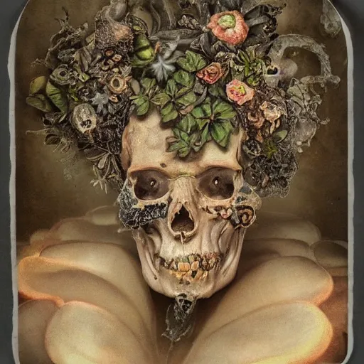 Prompt: a beautiful detailed front view baroque portrait of a rotten woman corpse becoming a skull with fractal plants and fractal flowers and mushrooms growing around, volumetric light, beautiful lit, polaroid photography