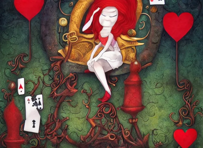 Image similar to alice joins a game of croquet with the queen of hearts, dramatic, art style megan duncanson and benjamin lacombe, super details, dark dull colors, ornate background, mysterious, eerie, sinister