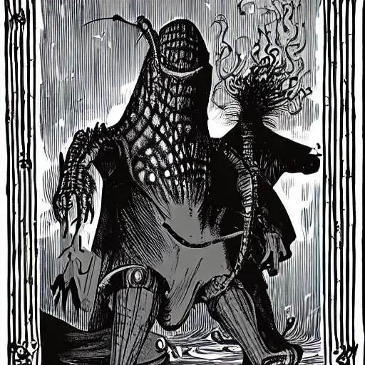 Prompt: he took his vorpal sword in hand long time the manxome foe he sought | by lewis carroll and hp lovecraft with doctor seuss and hr giger